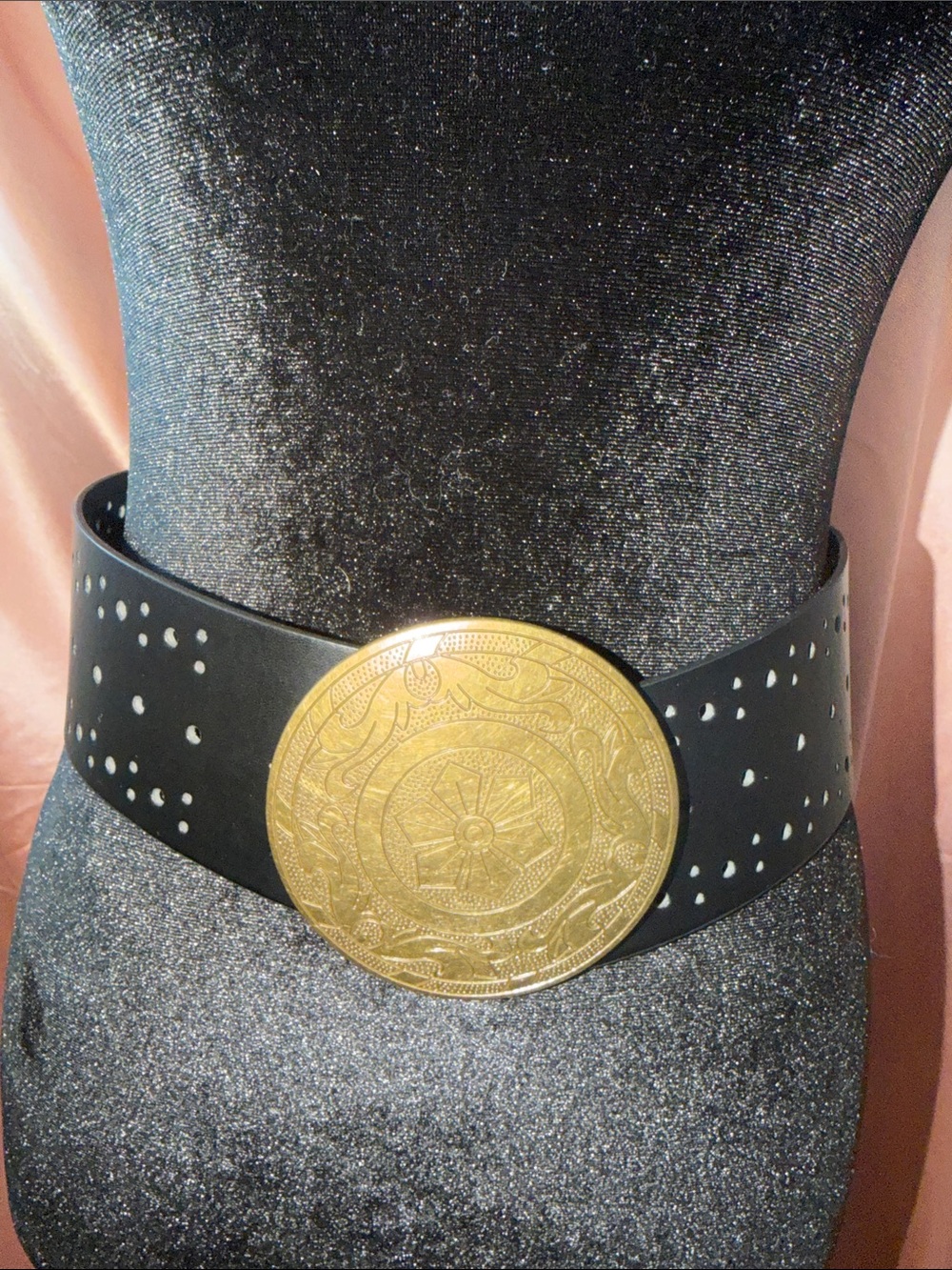 Black Elastic Waist Belt with Ornate Gold Medallion Buckle